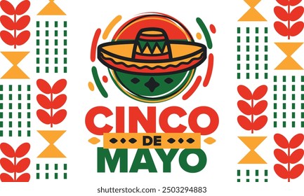 Cinco de Mayo in Mexiko. Traditionelle mexikanische Fiesta im Mai. Nationalfeiertag mit Karneval, Fest und Parade. Lateinamerikanisches und spanisches Muster. Abbildung mit Sombrero. Vektorposter