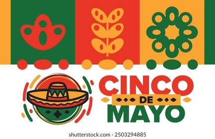 Cinco de Mayo in Mexiko. Traditionelle mexikanische Fiesta im Mai. Nationalfeiertag mit Karneval, Fest und Parade. Lateinamerikanisches und spanisches Muster. Abbildung mit Sombrero. Vektorposter