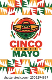 Cinco de Mayo in Mexiko. Traditionelle mexikanische Fiesta im Mai. Nationalfeiertag mit Karneval, Fest und Parade. Lateinamerikanisches und spanisches Muster. Abbildung mit Sombrero. Vektorposter