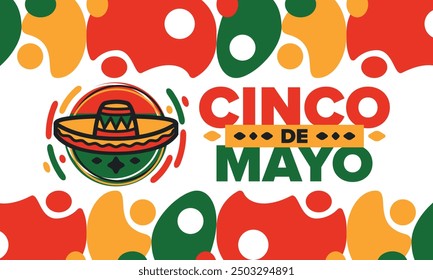 Cinco de Mayo in Mexiko. Traditionelle mexikanische Fiesta im Mai. Nationalfeiertag mit Karneval, Fest und Parade. Lateinamerikanisches und spanisches Muster. Abbildung mit Sombrero. Vektorposter