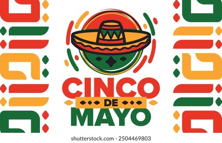 Cinco de Mayo in Mexico. Traditional mexican fiesta in May. National happy holiday with carnival, festival and parade. Latin american and spanish pattern. Illustration with sombrero. Vector poster