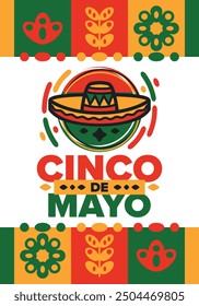 Cinco de Mayo in Mexiko. Traditionelle mexikanische Fiesta im Mai. Nationalfeiertag mit Karneval, Fest und Parade. Lateinamerikanisches und spanisches Muster. Abbildung mit Sombrero. Vektorposter