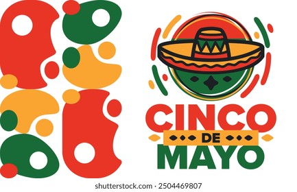 Cinco de Mayo in Mexiko. Traditionelle mexikanische Fiesta im Mai. Nationalfeiertag mit Karneval, Fest und Parade. Lateinamerikanisches und spanisches Muster. Abbildung mit Sombrero. Vektorposter