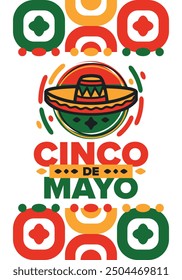 Cinco de Mayo in Mexiko. Traditionelle mexikanische Fiesta im Mai. Nationalfeiertag mit Karneval, Fest und Parade. Lateinamerikanisches und spanisches Muster. Abbildung mit Sombrero. Vektorposter