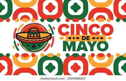 Cinco de Mayo in Mexiko. Traditionelle mexikanische Fiesta im Mai. Nationalfeiertag mit Karneval, Fest und Parade. Lateinamerikanisches und spanisches Muster. Abbildung mit Sombrero. Vektorposter