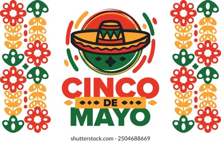 Cinco de Mayo in Mexico. Traditional mexican fiesta in May. National happy holiday with carnival, festival and parade. Latin american and spanish pattern. Illustration with sombrero. Vector poster