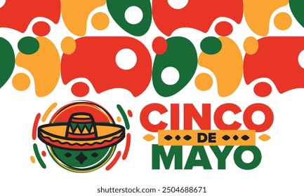 Cinco de Mayo in Mexiko. Traditionelle mexikanische Fiesta im Mai. Nationalfeiertag mit Karneval, Fest und Parade. Lateinamerikanisches und spanisches Muster. Abbildung mit Sombrero. Vektorposter