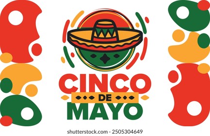 Cinco de Mayo in Mexico. Traditional mexican fiesta in May. National happy holiday with carnival, festival and parade. Latin american and spanish pattern. Illustration with sombrero. Vector poster