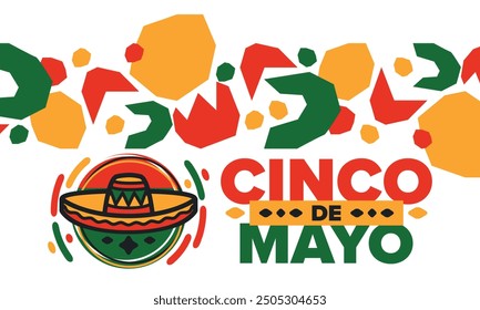 Cinco de Mayo in Mexiko. Traditionelle mexikanische Fiesta im Mai. Nationalfeiertag mit Karneval, Fest und Parade. Lateinamerikanisches und spanisches Muster. Abbildung mit Sombrero. Vektorposter