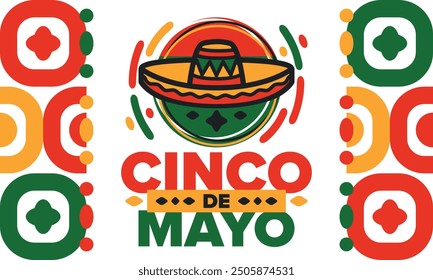 Cinco de Mayo in Mexico. Traditional mexican fiesta in May. National happy holiday with carnival, festival and parade. Latin american and spanish pattern. Illustration with sombrero. Vector poster