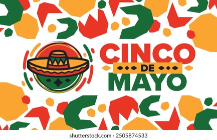 Cinco de Mayo in Mexico. Traditional mexican fiesta in May. National happy holiday with carnival, festival and parade. Latin american and spanish pattern. Illustration with sombrero. Vector poster