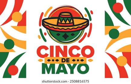 Cinco de Mayo en México. Fiesta tradicional mexicana en mayo. Fiesta nacional feliz con carnaval, festival y desfile. Patrón de Latina americano y español. Ilustración con sombrero. Afiche de Vector