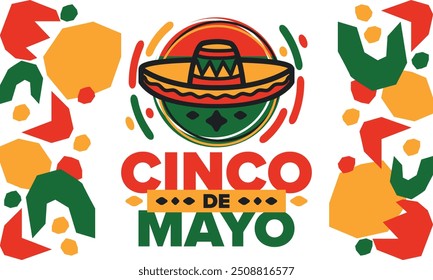 Cinco de Mayo no México. A tradicional festa mexicana em maio. Feliz feriado nacional com carnaval, festival e desfile. Padrão latino-americano e espanhol. Ilustração com sombrero. Cartaz vetorial