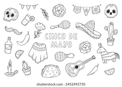 Cinco de Mayo garabatos monocromos colección, conjunto de arte de Clip, Elementos de dibujos animados para colorear libros, estampados, tarjetas, papelería, pegatinas, etc. EPS 10