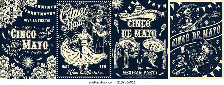 Cinco de Mayo monochrome Plakatkollektion mit Blumenarrangements, Frau, die zur Musik von Skelettmusiker, Kakteen und Chilischoten tanzt, mit Schnurrbart mit Sombreros, Mariachi-Band in Charro