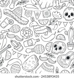 Patrón monocromo sin fisuras Cinco de Mayo con garabatos, Elementos de dibujos animados para colorear páginas, Fondo de pantalla, fondos, papel de envoltura, estampados textiles, etc. EPS 10