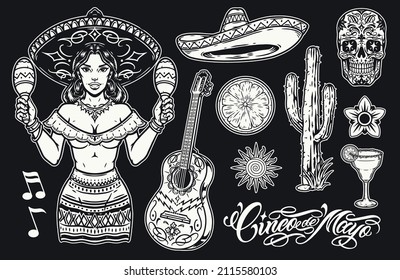 Cinco de mayo monochrome stickers set with woman in sombrero shaking maracas, painted guitar, cactus, sun, lime, margarita, sugar skull and flower, vector illustration