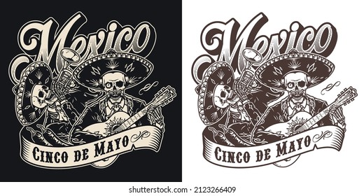 Cinco de Mayo monochrome vintage emblem with Mexican musicians in sombreros playing musical instruments, vector illustration