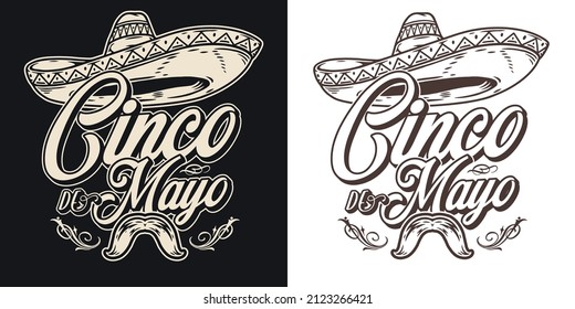 Cinco de Mayo monochrome vintage badge with sombrero hat with triangle ornaments and mustache, vector illustration