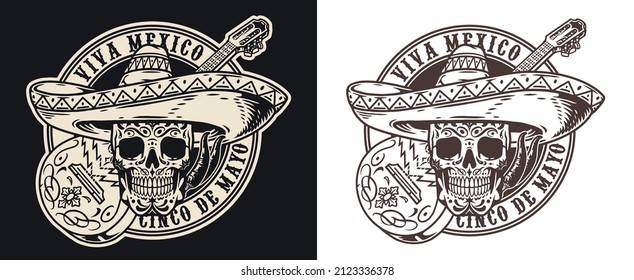 Cinco de Mayo monochrome vintage round badge with calavera in sombrero against painted guitar, vector illustration