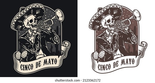 Cinco de mayo monochrome vintage label with mariachi skeleton in sombrero and charro outfit playing trumpet against cactuses at night, vector illustration
