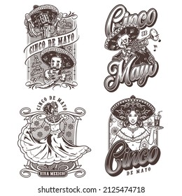 Cinco de Mayo monochrome vintage stickers collection with cactus shaking maracas, chili pepper playing guitar, skeleton with one eye playing trumpet, dead woman dancing, waitress carrying glass on