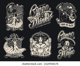 Cinco de Mayo monochrome vintage emblems collection with mariachi skeleton playing trumpet, woman dancing, girl in sombrero shaking maracas, tequila bottle and mustached chili pepper with guitar