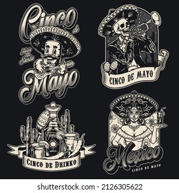 Cinco de Mayo monochrome vintage labels set with cheerful mustachioed chili pepper guitarist, dead mariachi musician playing trumpet, tequila beverages, waitress carrying tray with glass, vector