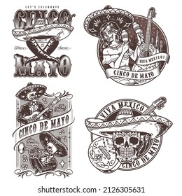 Cinco de Mayo monochrome vintage emblems set with crossed chili peppers and sombrero, girl shaking maracas, skeleton musician playing musical instruments, calavera against painted guitar, vector