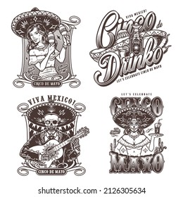 Cinco de mayo monochrome vintage emblems set with woman shaking maracas, skeleton musician playing guitar against flag garlands, waitress in sombrero carrying cocktail, tequila bottle, vector