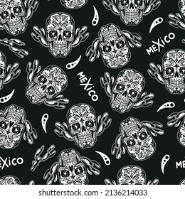 Cinco de mayo monochrome vintage seamless pattern wirh skeleton skull with painted design, outdoor cactuses, simple ornament and mexico lettering, vector illustration