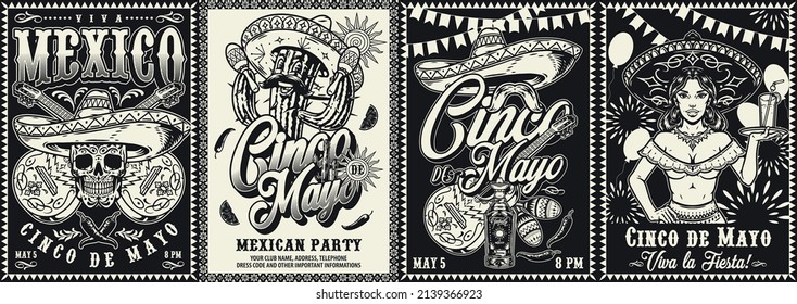 Cinco de mayo monochrome vintage posters collection with calavera skull in sombrero against crossed guitars, prickly cactus shaking maracas, waitress holding tray with cocktail glass, vector