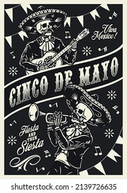 Cinco de mayo monochrome Vintage-Poster mit Skelettmusikern von Mariachi in Sombreros und Charro-Outfits, die Musikinstrumente auf dem Hintergrund mit Flaggengärten spielen, Vektorgrafik