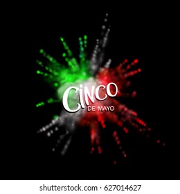 Cinco de Mayo. Multicolored explosive powder dye cloud. Vector festive illustration of pigment explosion and lettered label. Vibrant paint blast. Mexican holiday lettering.