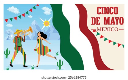 Cinco de Mayo, with a musician and dancer celebrating Mexican culture in a Traditional attire and bright colors convey joy and cultural pride. Flat vector modern illustration 