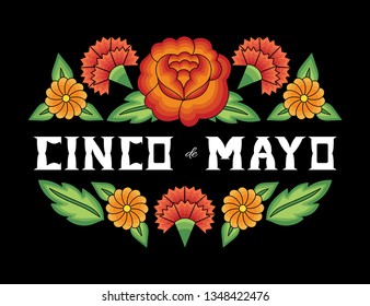 Cinco de Mayo, National Day, 5 May, illustration vector. Floral background with flowers pattern from traditional Mexican embroidery design.