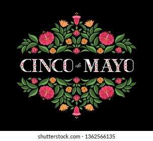 Cinco de Mayo, National Day, 5 May, illustration vector. Floral pattern on black background.