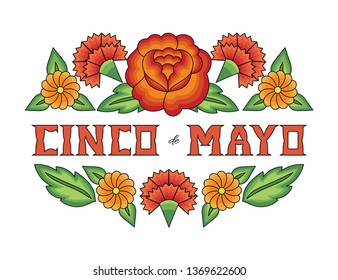 Cinco de Mayo, National Day, 5 May, illustration vector. Floral background with rose and carnation flowers pattern from traditional tehuana Mexican embroidery design.