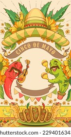 Cinco de mayo national mexican holiday vertical banner congratulations invitation. Red hot chili pepper, green cactus, sombrero and traditional food. Vector cartoon illustration