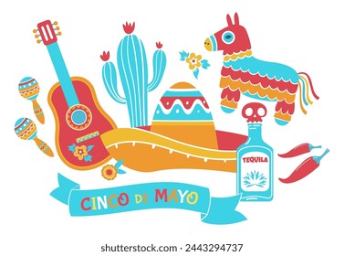 Cinco de Mayo, national Mexican holiday, vector symbols set (sombrero, piñatas, guitar, colorful banners, cactus, tequila, maracas and decorations)