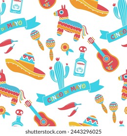 Cinco de Mayo, national Mexican holiday, seamless pattern from vector symbols set (sombrero, piñatas, guitar, colorful banners, cactus, tequila, maracas and decorations)