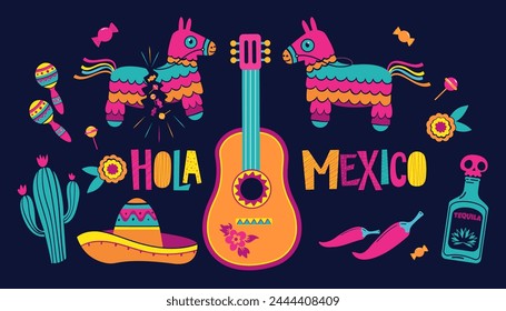 Cinco de Mayo, national Mexican holiday, vector set (sombrero, piñatas, guitar, cactus, tequila, maracas and decorations).text and illustrations from Mexican culture traditions 