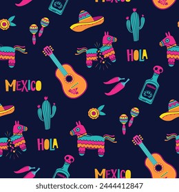 Cinco de Mayo, national Mexican holiday, seamless pattern from vector set on dark barckground(sombrero, piñatas, guitar, colorful banners, cactus, tequila, maracas and decorations)