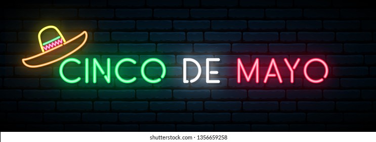 Cinco de Mayo neon banner. Mexican fiesta. Light signboard. Vector illustration.