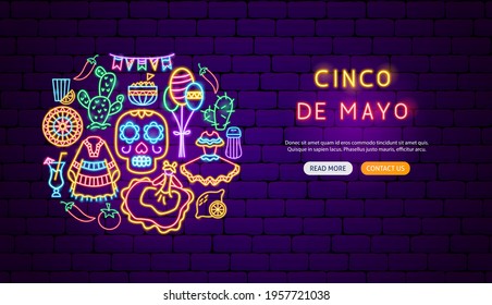 Cinco de Mayo Neon Banner Design. Fifth of May Translate. Vector Illustration of Building Promotion.