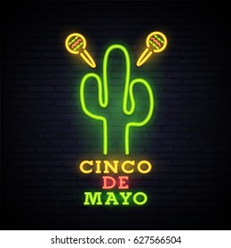 Cinco de Mayo. Neon bright sign. Logo. Light banner. Mexico. Cactus. Emblem. Vector image