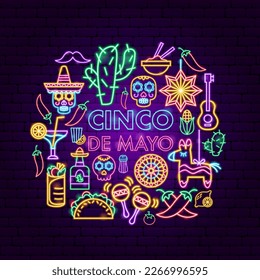 Cinco de Mayo Neon Circle Concept. Vector Illustration of Hispanic Religion Holiday Glowing Led Electric Light.