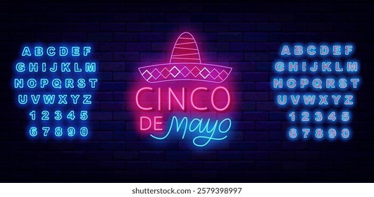 Cinco de Mayo neon emblem. Mexican traditional holiday in May. Vector stock illustration