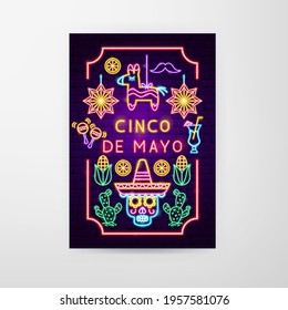 Cinco de Mayo Neon Flyer. Fifth of May Translate. Vector Illustration of Construction Promotion.