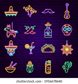 Cinco de Mayo Neon Icons. Fifth of May Translate. Vector Illustration of Industrial Promotion.